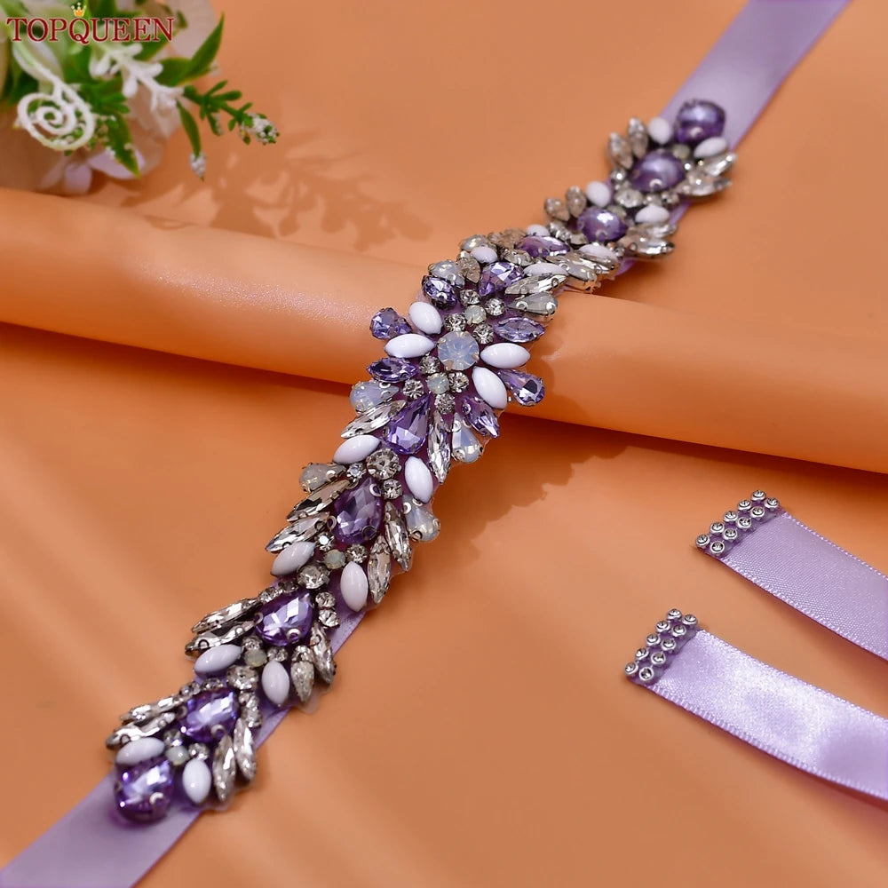 TOPQUEEN Bridal Dress Belt Wedding Accessories Women Evening Party Gown Girdles Lavender Rhinestone Opal Applique Sash S476-DZ