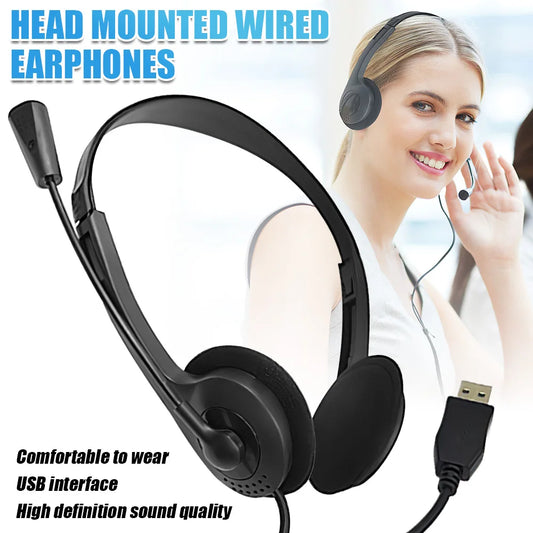 Wired USB Headphones Portable Earphones with Microphone for Laptop PC Call Center Business Headset Noise Reduction Earpieces