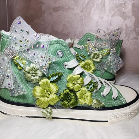 High-top Canvas Shoes for Women Green Bow Embroidery Flower Candy Color Canvas Handmade Fashion Casual Shoe Big Size 43 44