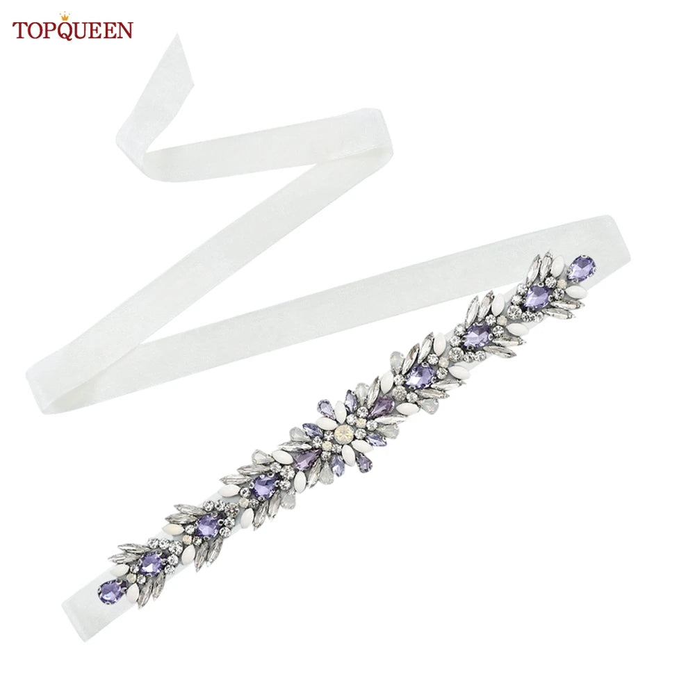 TOPQUEEN Bridal Dress Belt Wedding Accessories Women Evening Party Gown Girdles Lavender Rhinestone Opal Applique Sash S476-DZ