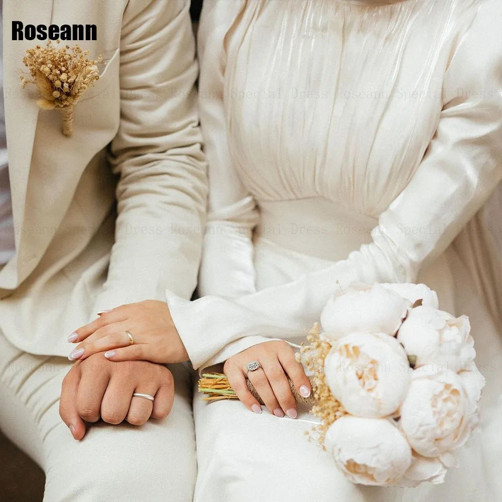 Customized Muslim 2025 New Simple Ivory A-line Wedding Dresses Satin Ribbon Draped Pleat Brush Train Bride Gown robe de mariée