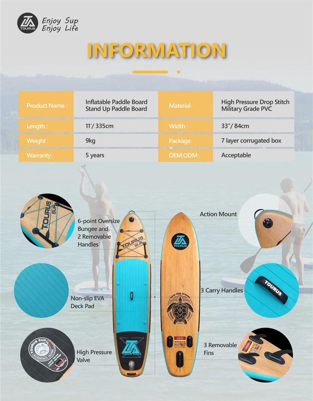 TOURUS  blue wood double layers sup boards melting inflatable stable stand up paddle board 11feet 33inch