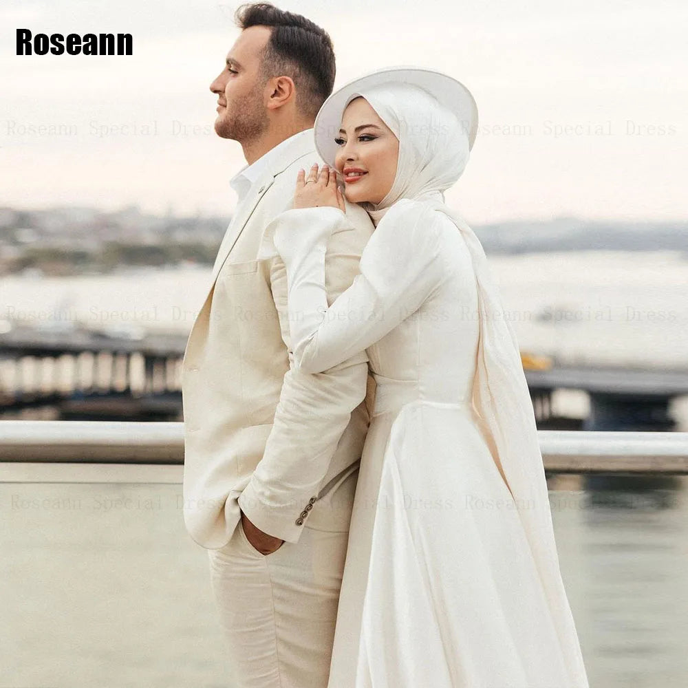 Customized Muslim 2025 New Simple Ivory A-line Wedding Dresses Satin Ribbon Draped Pleat Brush Train Bride Gown robe de mariée