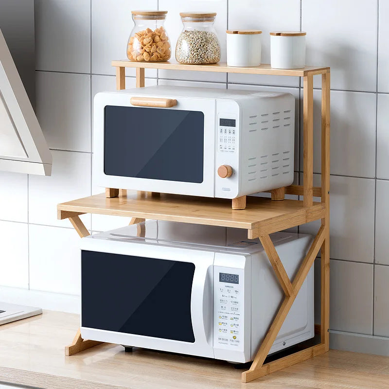 Kitchen Shelf Countertop Double Microwave Oven Shelf Desktop Seasoning Oven Storage Rack Bamboo Solid Wood