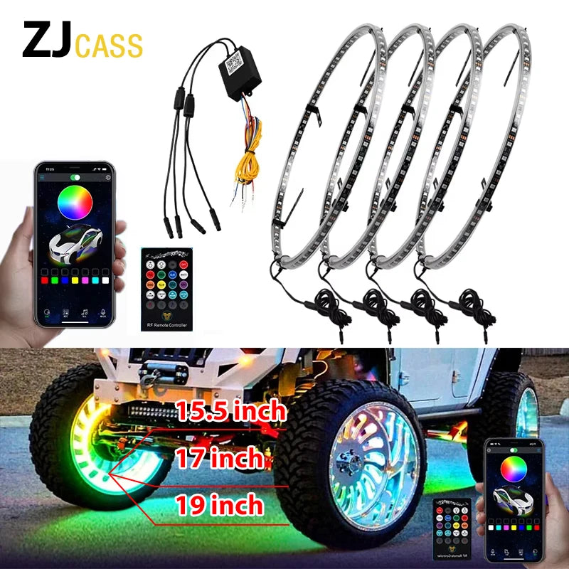 4 Pcs RGB Car Wheel Light For 15.5 inch 17 inch 19 inch APP/Remote Car Hub Light 12V LED With Brake Steering Phantom Neon Lamp