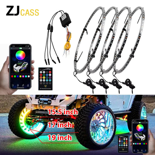 4 Pcs RGB Car Wheel Light For 15.5 inch 17 inch 19 inch APP/Remote Car Hub Light 12V LED With Brake Steering Phantom Neon Lamp