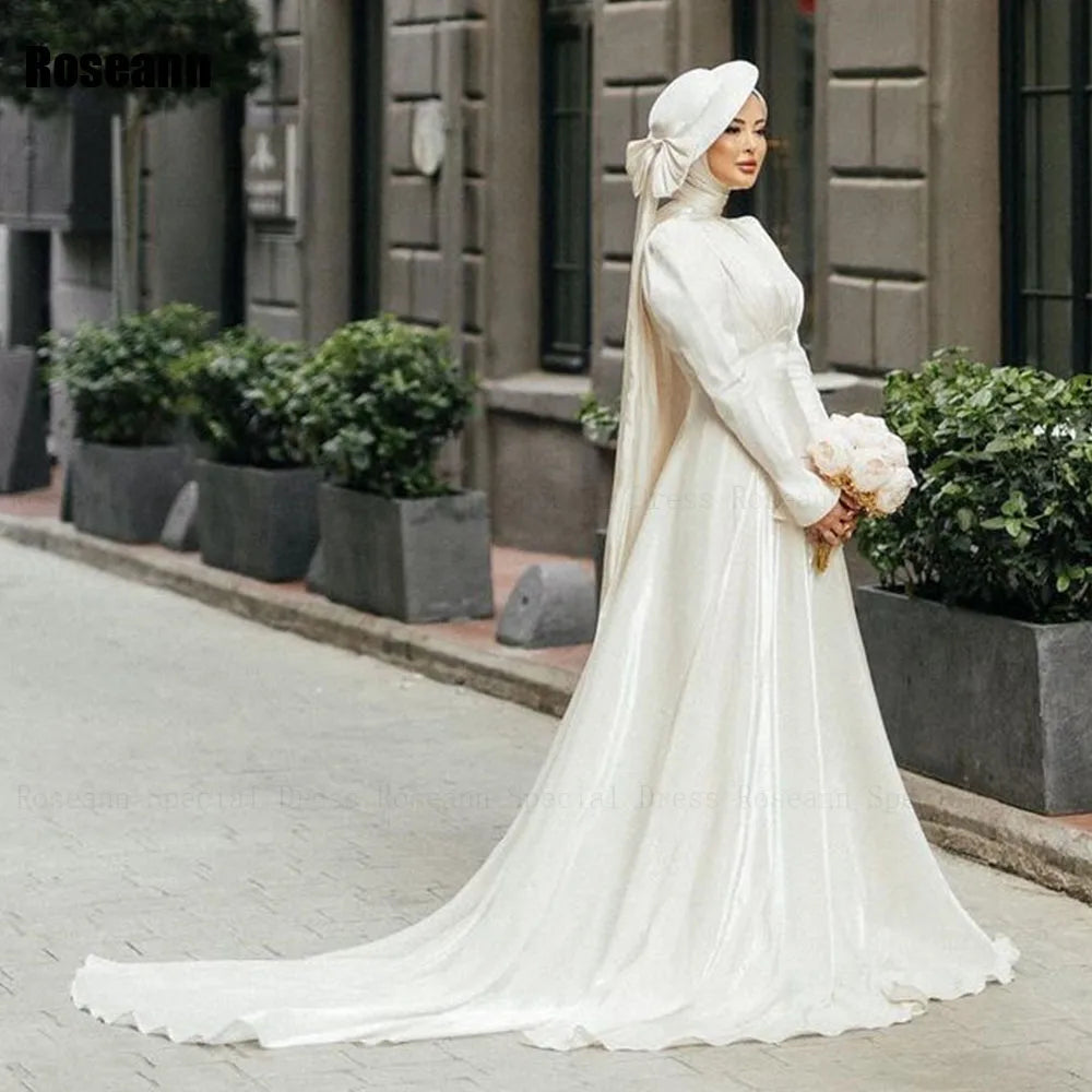 Customized Muslim 2025 New Simple Ivory A-line Wedding Dresses Satin Ribbon Draped Pleat Brush Train Bride Gown robe de mariée