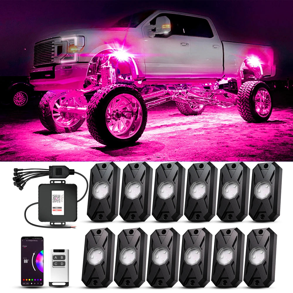 RGB LED Trail Rig Light Rock Lights 4/6/8 Pods Underglow App Remote Control Music Mode for Pickup ATV RZR UTV Chassis Lighting