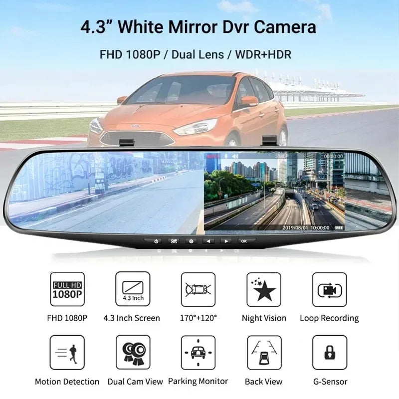 1080P IPS 4.3Inch Driving Recorder Car DVR Rearview Mirror Dual Lens Car Recorder Front and Rear Camera Registrar Black Box New