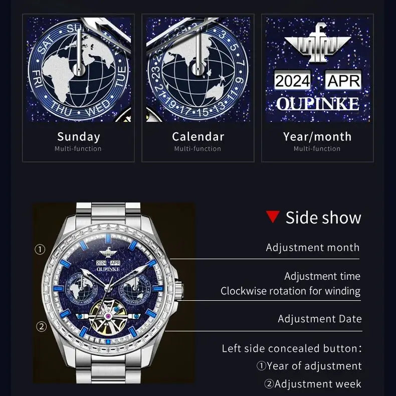 OUPINKE 3280 Fully Automatic Mechanical Men Watch Luxury Starry Sky Tourbillon Calendar Week Waterproof Men Watch Diamond Reloj