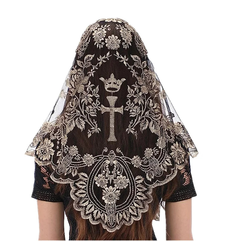 Women Head Covering Bridal Wedding Cross Embroidery Catholic Church Veil