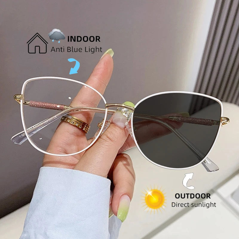 New Fashion Brand Design Cat Eye Photochromism Prescription Reading Glasses Women Anti Blue Light Frame Clear Hyperopia Eyewear