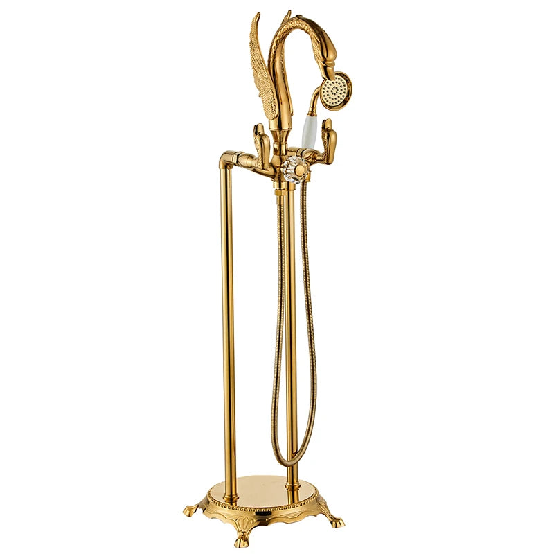ELLEN Bath Floor Stand Faucets Gold Luxury Swan Bathtub Faucet  Free Standing Bath Faucet Hot Cold with Hand Shower ELB727