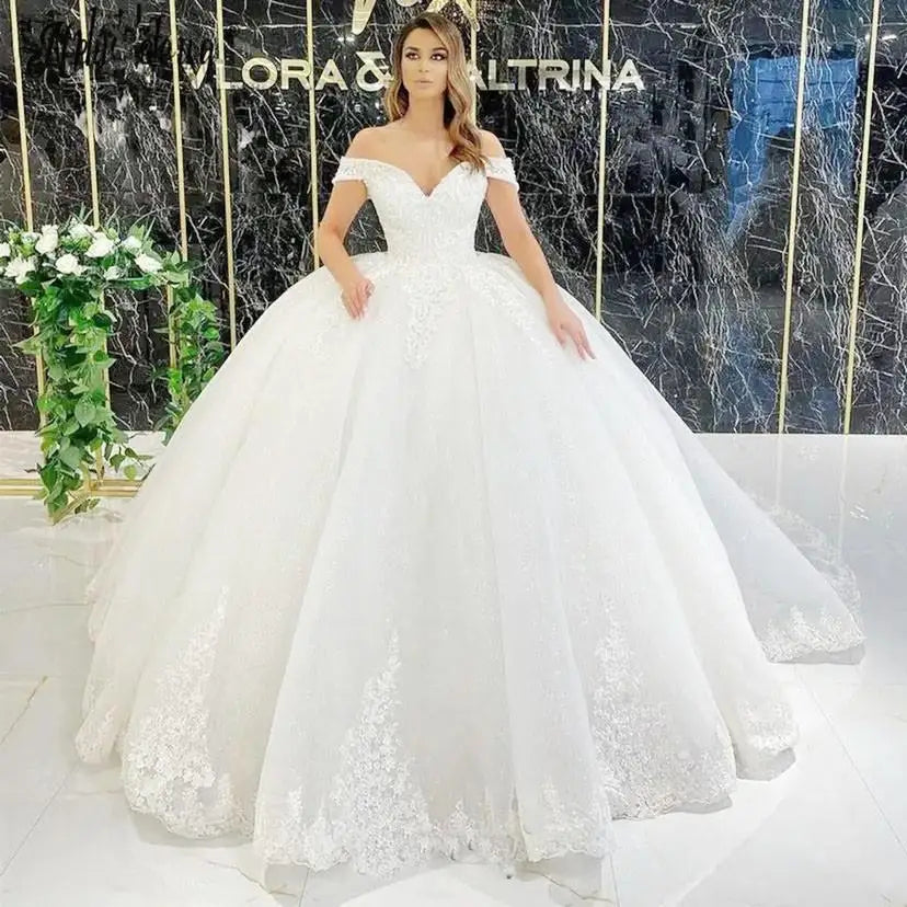 Maria Novia Off The Shoulder Wedding Dresses Lace Boat Neck Sweep Train Appliques Glitter Tulle Luxury Robe De Mariée Customized