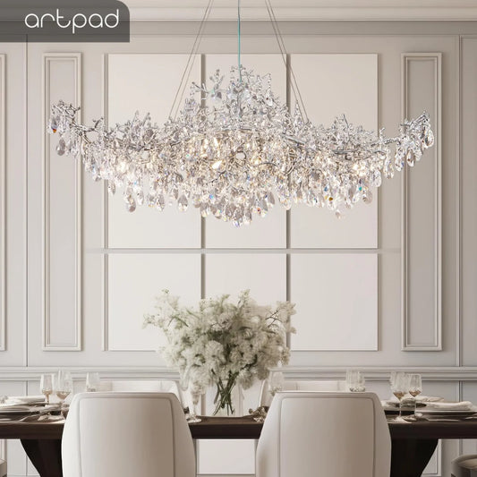 Luxury Modern Crystal Pendant Chandelier Hanging Living Room Lamp Dining Table Silver Branch Rectangular Chandeliers for Kitchen