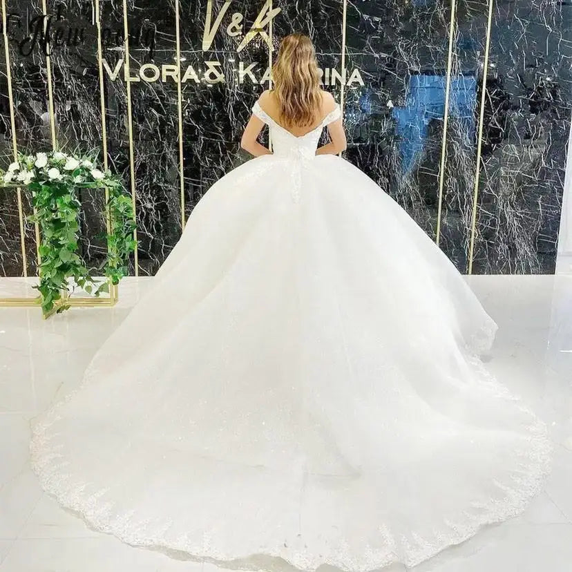 Maria Novia Off The Shoulder Wedding Dresses Lace Boat Neck Sweep Train Appliques Glitter Tulle Luxury Robe De Mariée Customized