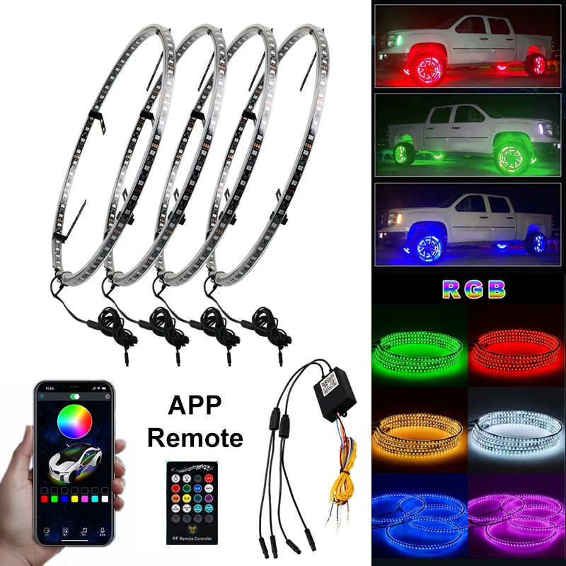 4 Pcs RGB Car Wheel Light For 15.5 inch 17 inch 19 inch APP/Remote Car Hub Light 12V LED With Brake Steering Phantom Neon Lamp