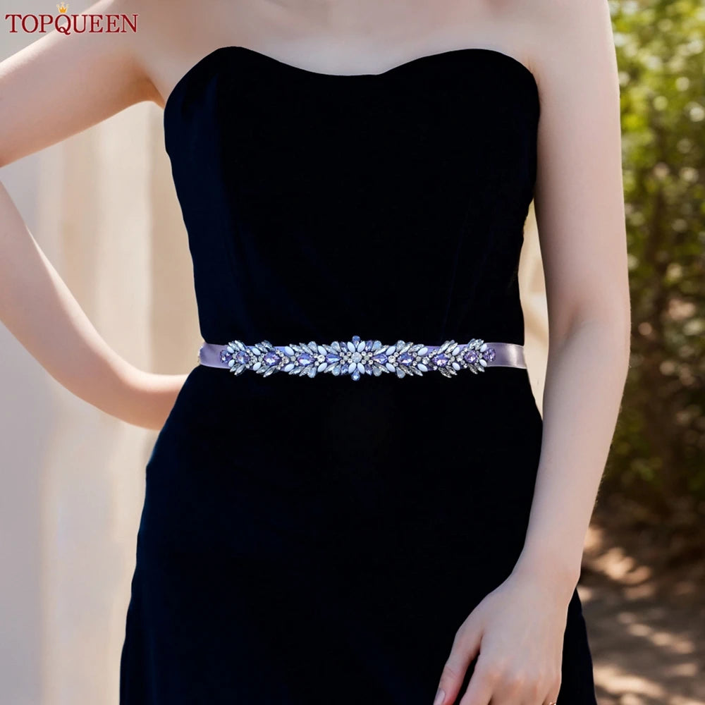 TOPQUEEN Bridal Dress Belt Wedding Accessories Women Evening Party Gown Girdles Lavender Rhinestone Opal Applique Sash S476-DZ