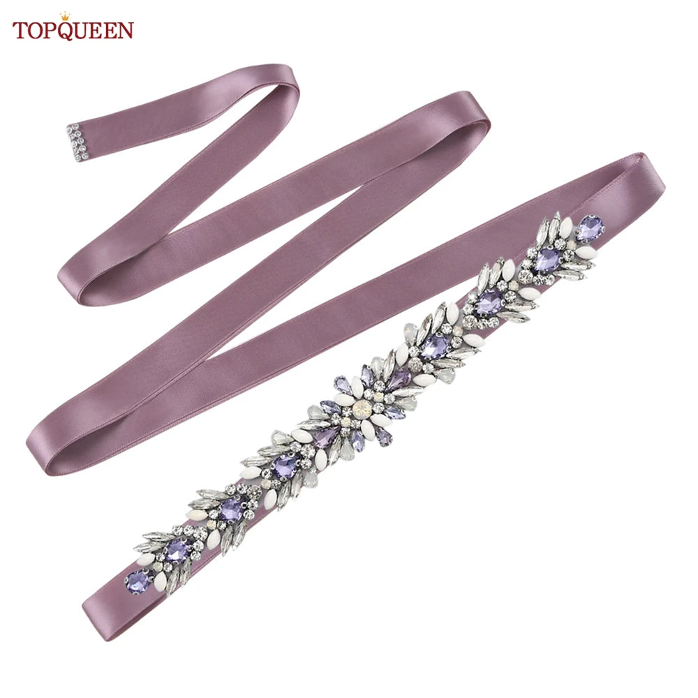 TOPQUEEN Bridal Dress Belt Wedding Accessories Women Evening Party Gown Girdles Lavender Rhinestone Opal Applique Sash S476-DZ