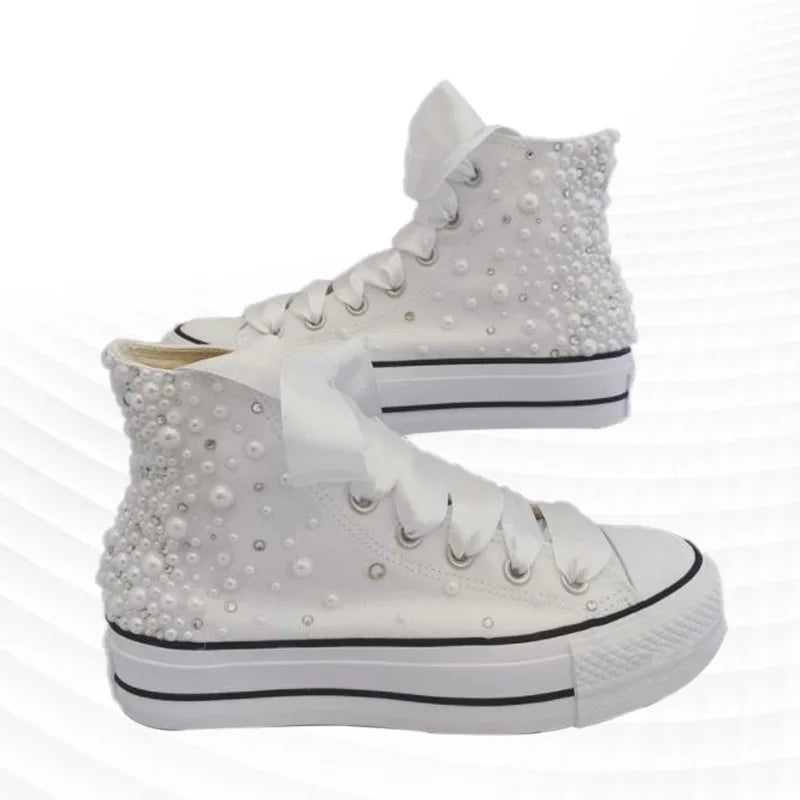 Hand-made thick soled white pearl rhinestones wedding party banquet large size canvas shoes high top casual women's shoes 35-40