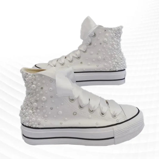 Hand-made thick soled white pearl rhinestones wedding party banquet large size canvas shoes high top casual women's shoes 35-40