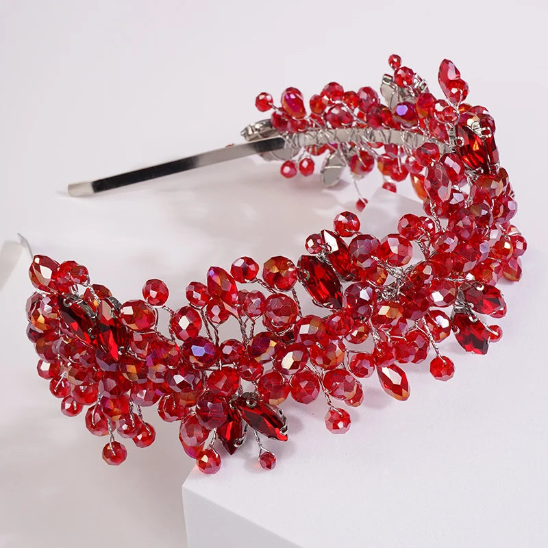 5 Colors Handmade Wedding Bride Luxury Red Blue Rhinestones Tiaras and Crowns Bridal Headband Costume Hair Accessories for Women