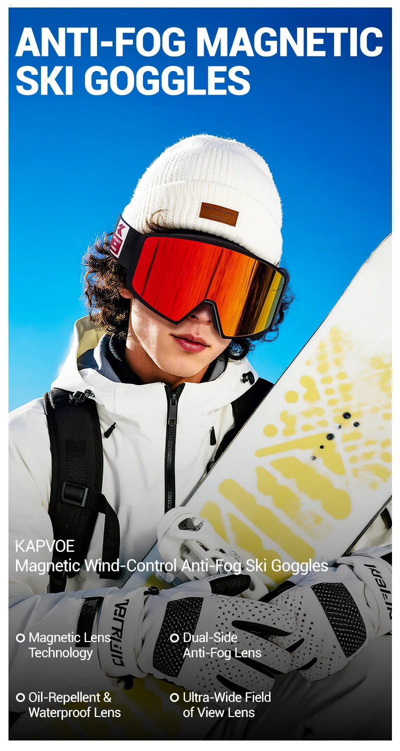 KAPVOE Ski Goggles Magnetic Double-Layer Anti-Fog Impact-Resistant Lenses Suitable for Male Female Teenagers UV400 Protection