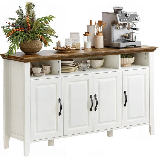 Amada Buffet Cabinet with Storage, 55" Large Sideboard Storage Cabinet with Adjustable Shelves, 4 Doors, Modern Farmhouse Coffee