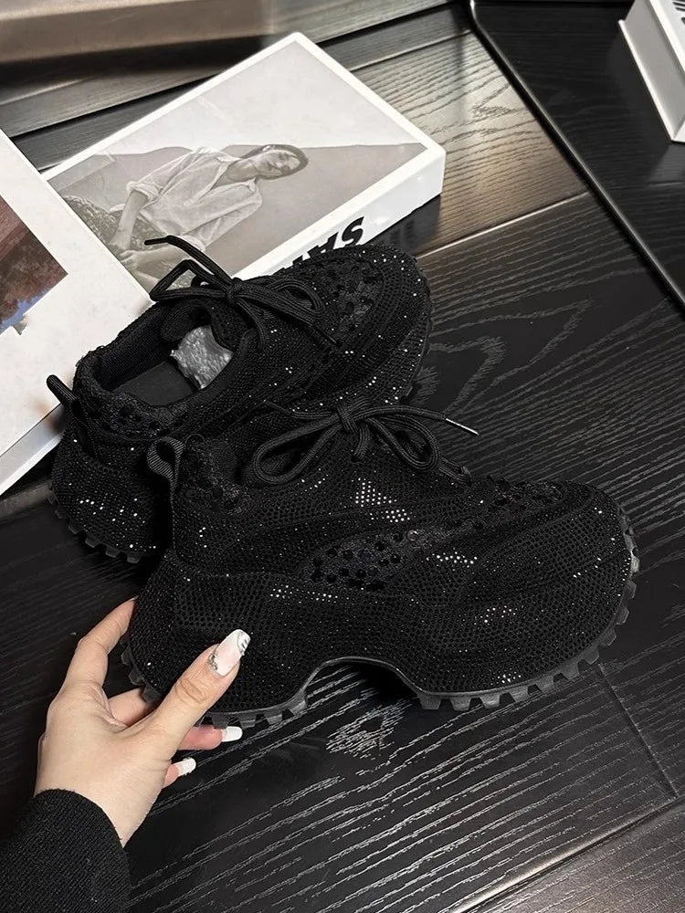 Ladies Summer Breathable Shiny Diamonds Inner Thick Soled Running Shoes Lace Up Outdoor Training Sneakers Jogging Sports Shoes