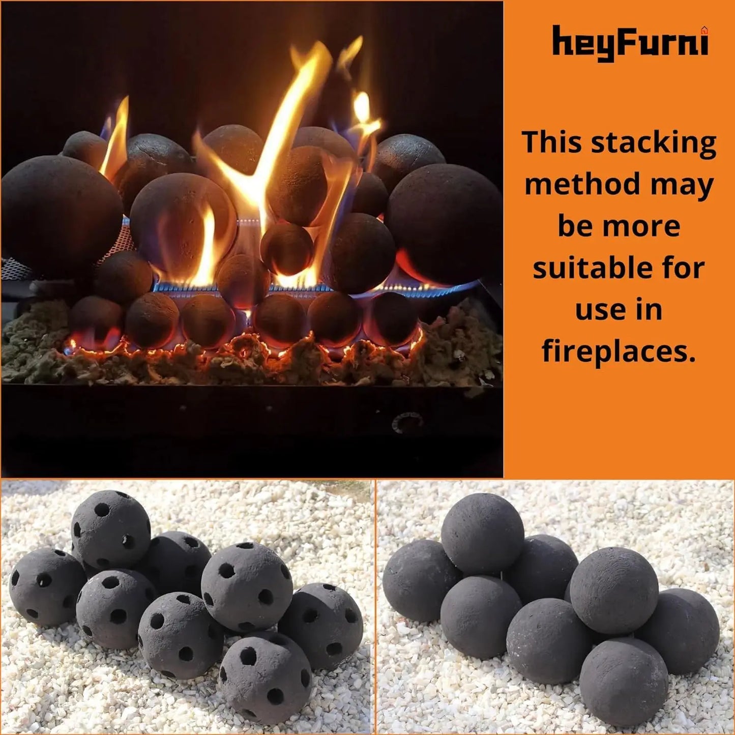 Hollow Ceramic Fire Balls, Set of 10 Fireplace Balls, Modern Accessory for Indoor/Outdoor Fire Pits or Fire Tables, Brushed Conc