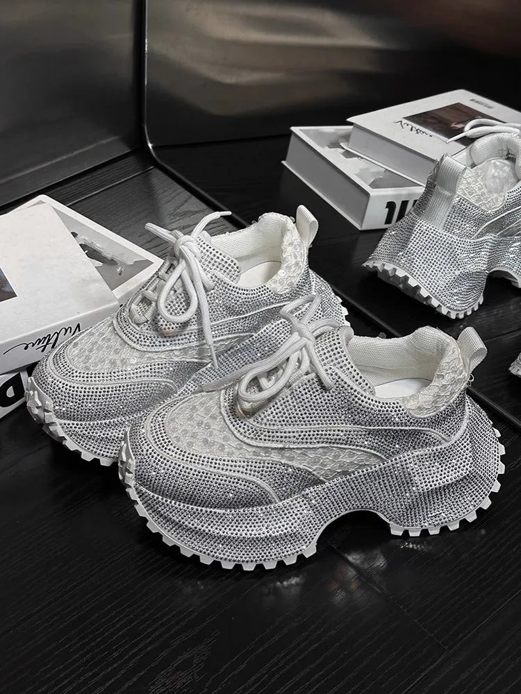 Ladies Summer Breathable Shiny Diamonds Inner Thick Soled Running Shoes Lace Up Outdoor Training Sneakers Jogging Sports Shoes