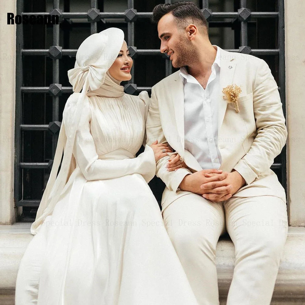 Customized Muslim 2025 New Simple Ivory A-line Wedding Dresses Satin Ribbon Draped Pleat Brush Train Bride Gown robe de mariée