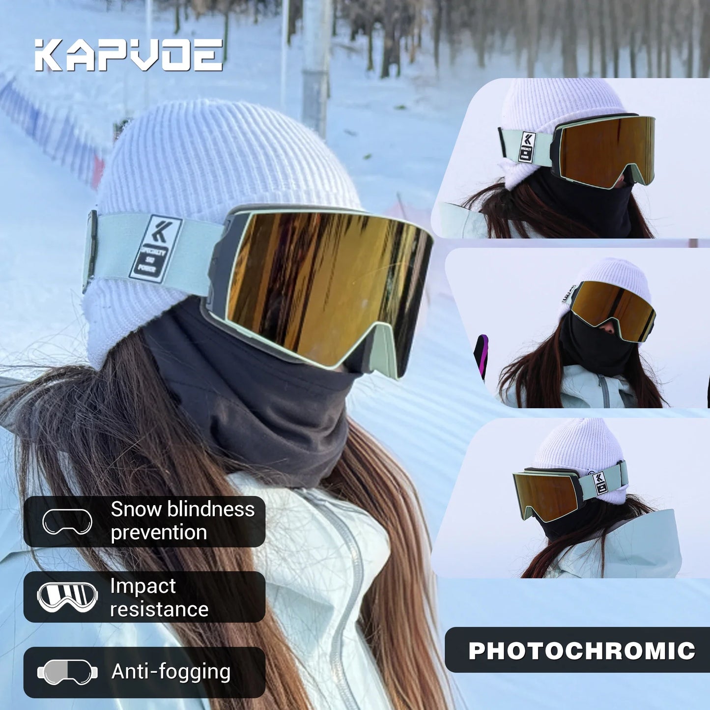 Kapvoe New Photochromic Ski Snowboard Mask Goggle Men UV400 Protection Women Glasses Magnetic Attraction Anti-Fog Skiing Goggles