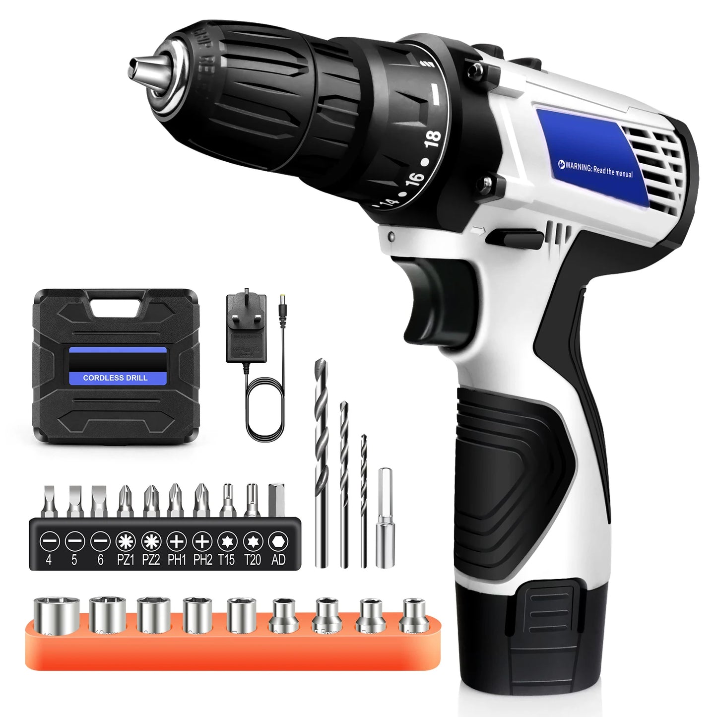 DayPlus Mini Cordless Drill Driver Kit,12V Electric Screwdriver Tool+LED Work Light,High Torque 45N.m,3/8Inch Keyless Chuck,18+1