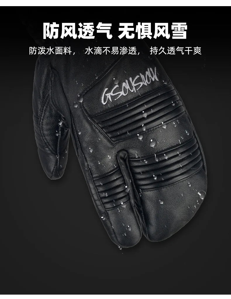 Three Fingers Sheepskin Winter Ski Gloves Women Windproof Waterproof Warm Durable Thickened Men Outdoor Sports Cycling Gloves