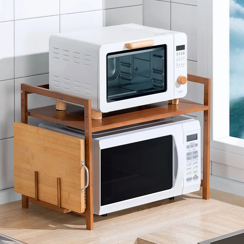 Kitchen Shelf Countertop Double Microwave Oven Shelf Desktop Seasoning Oven Storage Rack Bamboo Solid Wood