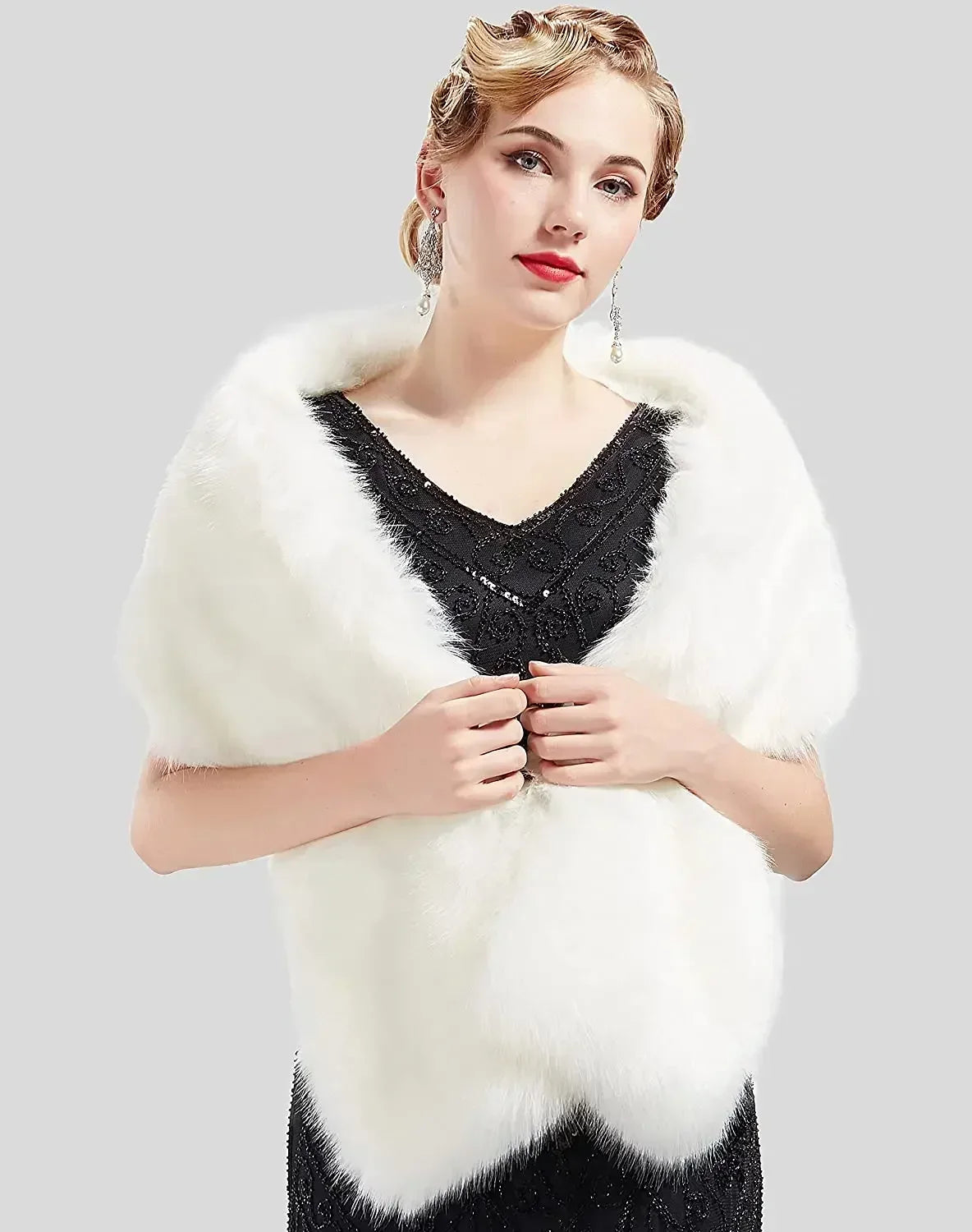 High Quality Women Bolero Bridal Shawl Faux Fur Wrap Wedding Cape Stole Shrug Bridal Winter Ivory Cloak Cover Up with Hook