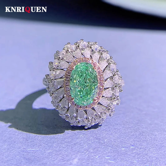 Charms 100% 925 Real Silver 6*9mm Light Green Tourmaline Rings for Women Gemstone Lab Diamond Wedding Party Fine Jewelry Gifts