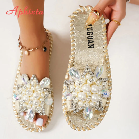 Aphixta New Gold Crystal Flower Slippers Women Summer Round Toe Shoes Outdoor Flat Heel Bling Slides Big Size43 Luxury Flip Flop