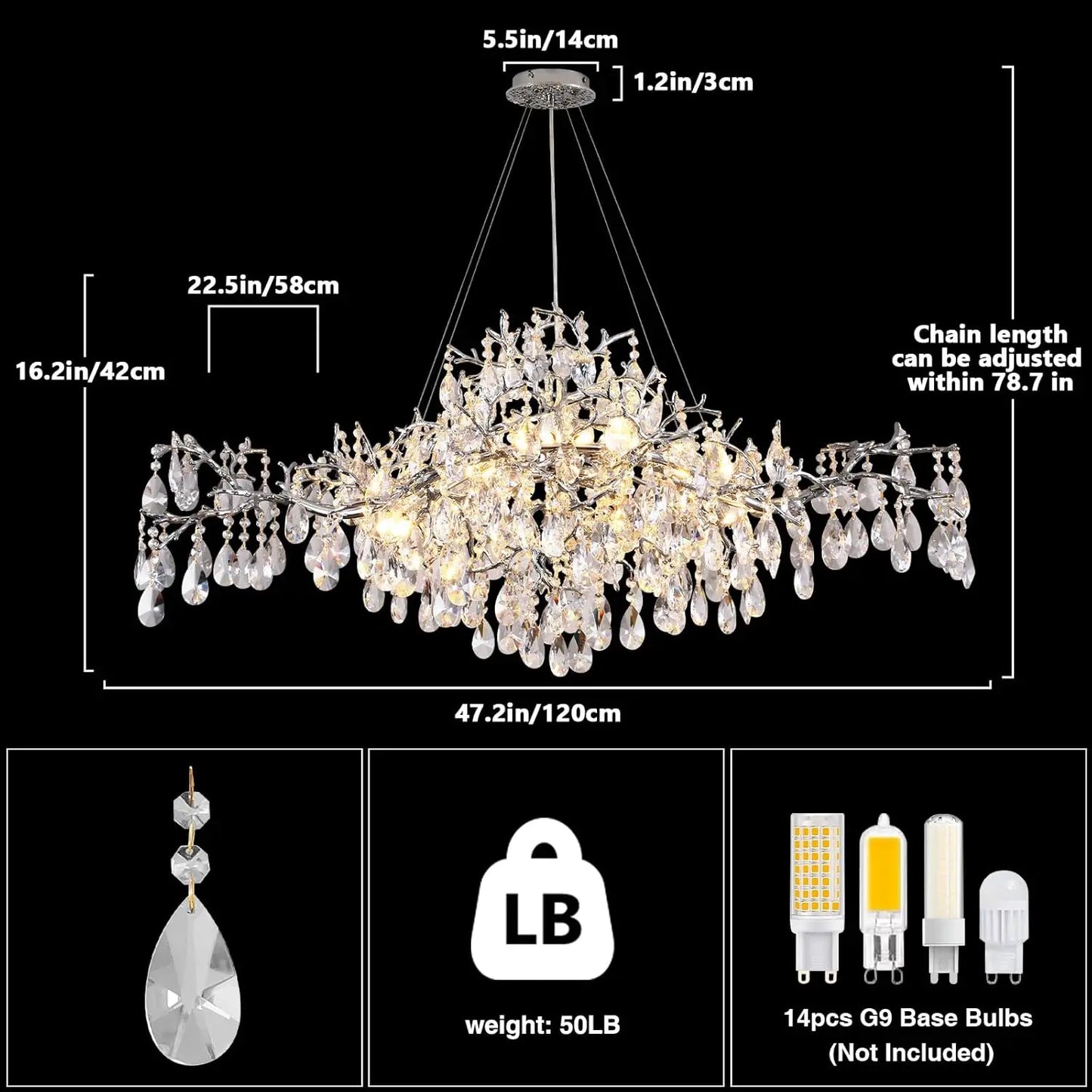 Luxury Modern Crystal Pendant Chandelier Hanging Living Room Lamp Dining Table Silver Branch Rectangular Chandeliers for Kitchen