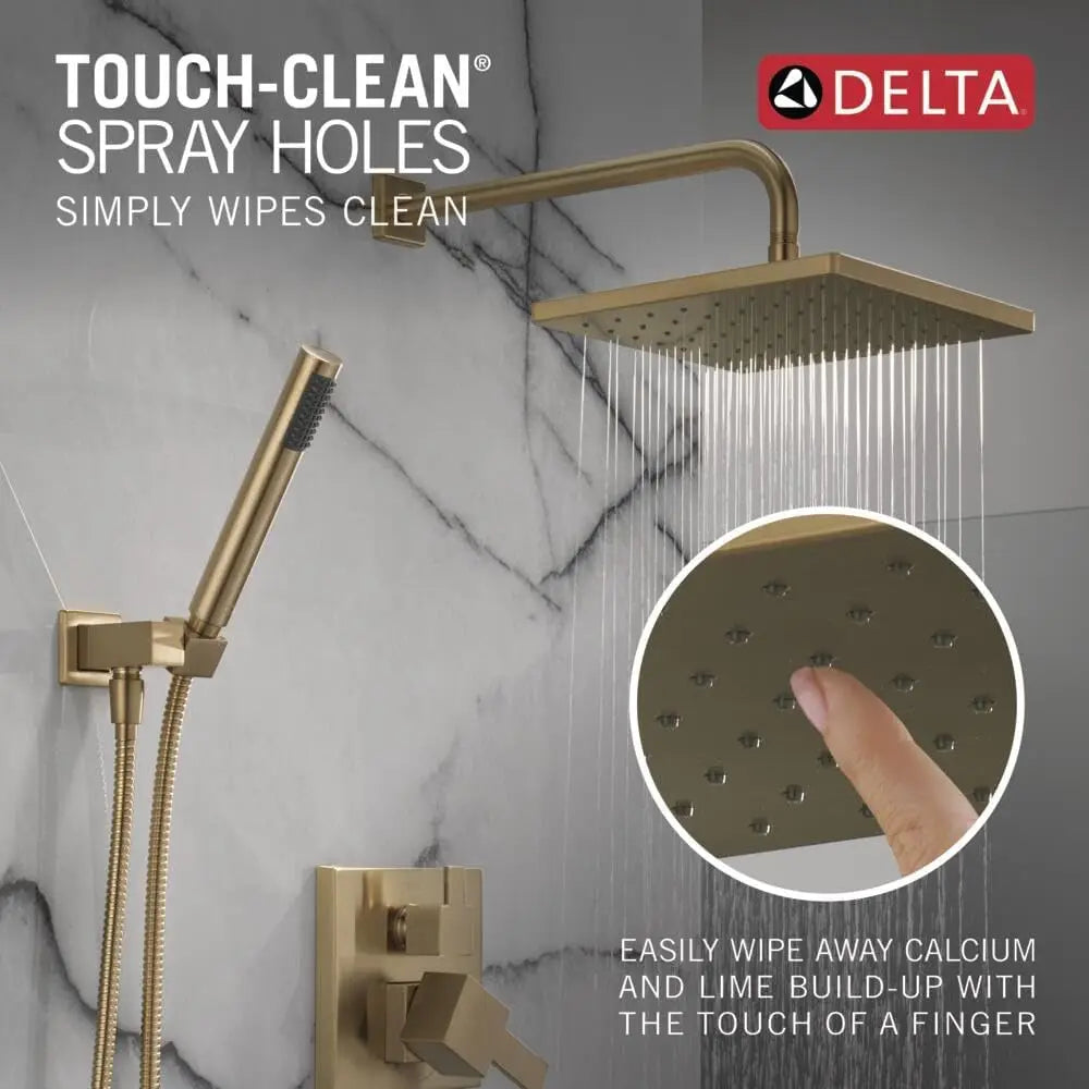 Delta Faucet Modern Raincan 2-Setting Square Shower System Including Rain Shower Head and Handheld Spray Gold