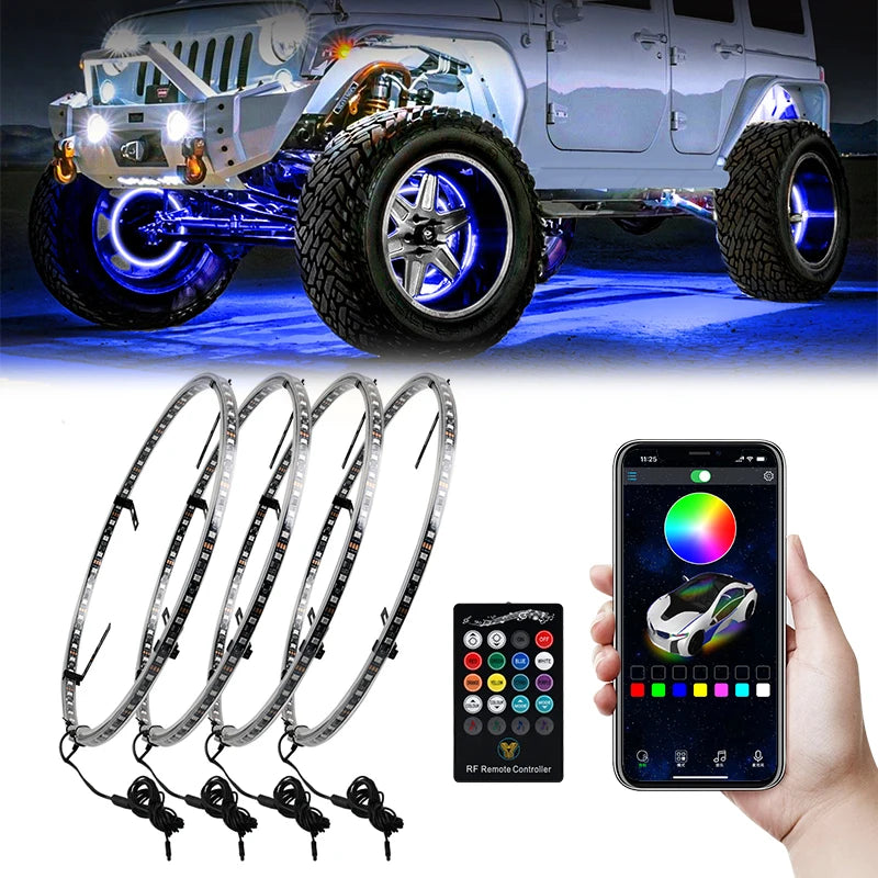 4 Pcs RGB Car Wheel Light For 15.5 inch 17 inch 19 inch APP/Remote Car Hub Light 12V LED With Brake Steering Phantom Neon Lamp