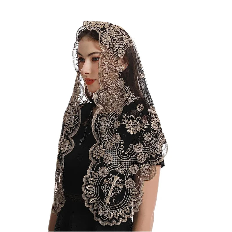 Women Head Covering Bridal Wedding Cross Embroidery Catholic Church Veil