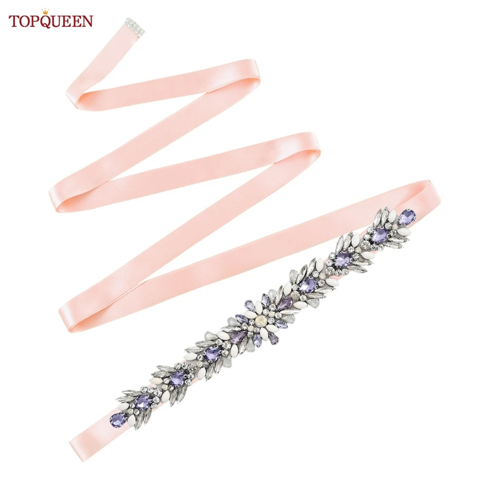 TOPQUEEN Bridal Dress Belt Wedding Accessories Women Evening Party Gown Girdles Lavender Rhinestone Opal Applique Sash S476-DZ