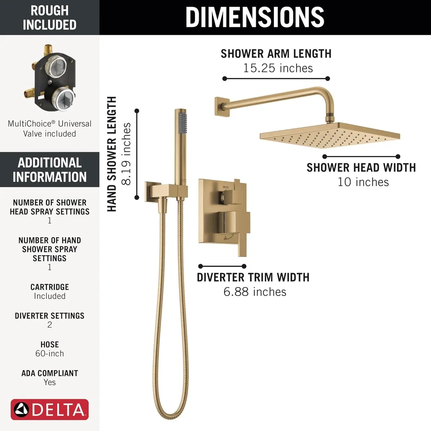 Delta Faucet Modern Raincan 2-Setting Square Shower System Including Rain Shower Head and Handheld Spray Gold