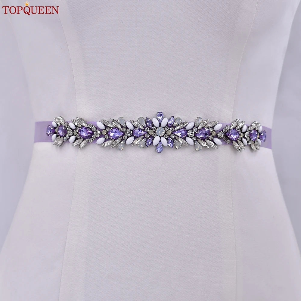 TOPQUEEN Bridal Dress Belt Wedding Accessories Women Evening Party Gown Girdles Lavender Rhinestone Opal Applique Sash S476-DZ
