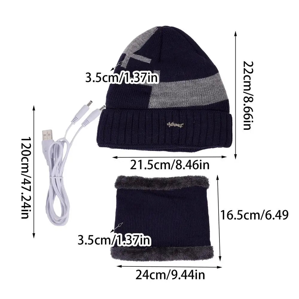 Heated Beanie Hat Winter Thermal Beanie USB Heated Hat Scarf Set Soft Warm Scarf Pom Knit Hat For Running Skiing Skating Cold