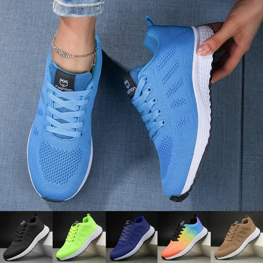 Women's Sneakers Breathable Knitted Mesh Comfortable Flat Lace Up Shoes Trendy Fashionable Casual Outdoor Women Running Shoes