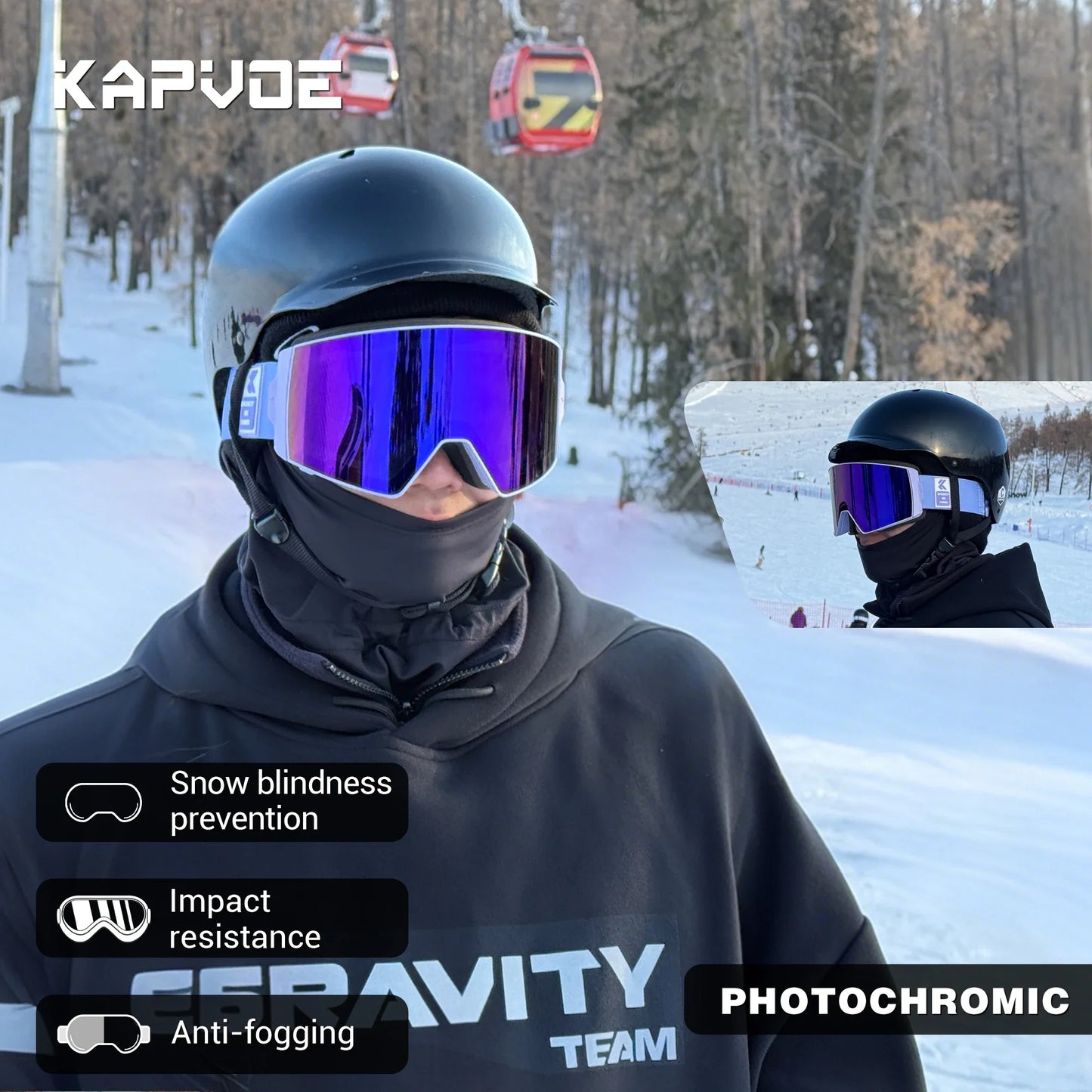 Kapvoe New Photochromic Ski Snowboard Mask Goggle Men UV400 Protection Women Glasses Magnetic Attraction Anti-Fog Skiing Goggles