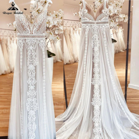 2025 Boheme Chic Boho Beach Lace V Neck Backless Summer Wedding Dress for Women Bridal Gown Robe Mariee suknia slubna Customized